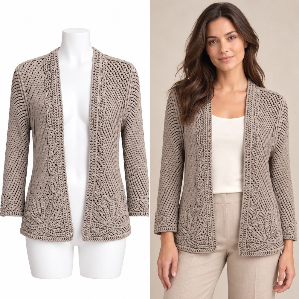 Chicos Cardigan Sweater Womens 0 XS Tan Beige Crochet Open Knit Cotton Cardigan